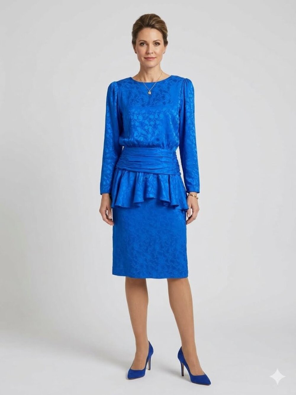 Vintage Argenti Silk Cobalt Blue Peplum Long Sleeve Dress Altered Sz 6-8